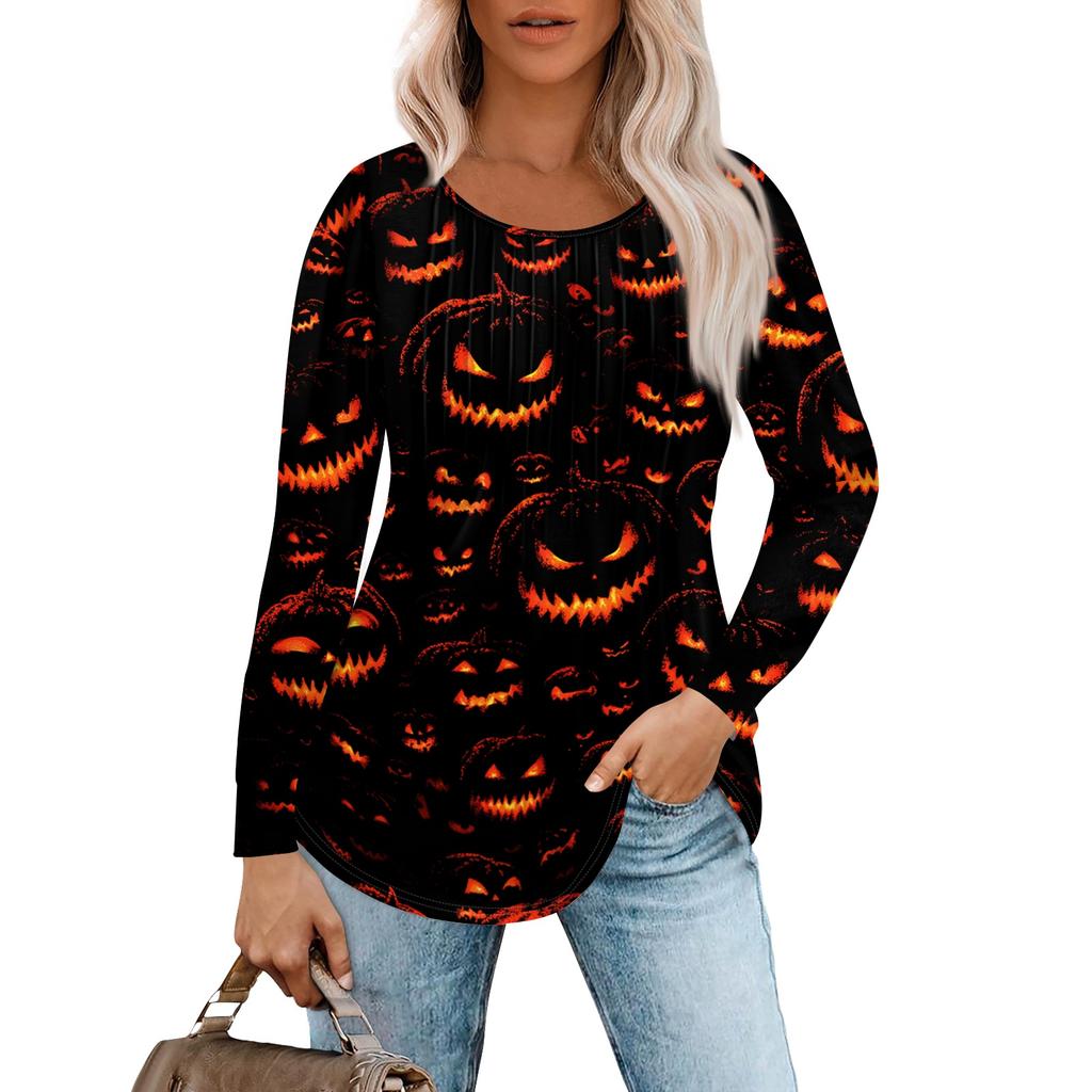 Women's Casual Long Sleeve T-Shirt Pleated Round Neck Halloween Pumpkin Print Top Lightweight Comfortable Fit