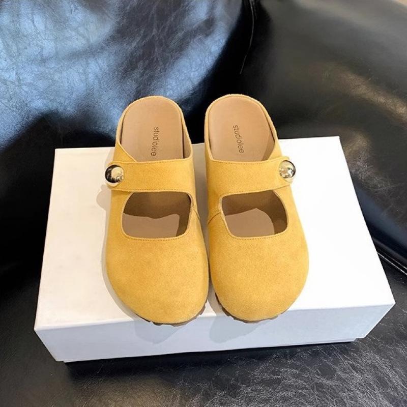 Height increase of 5cm small golden bean round head leather Mary Jane half slippers
