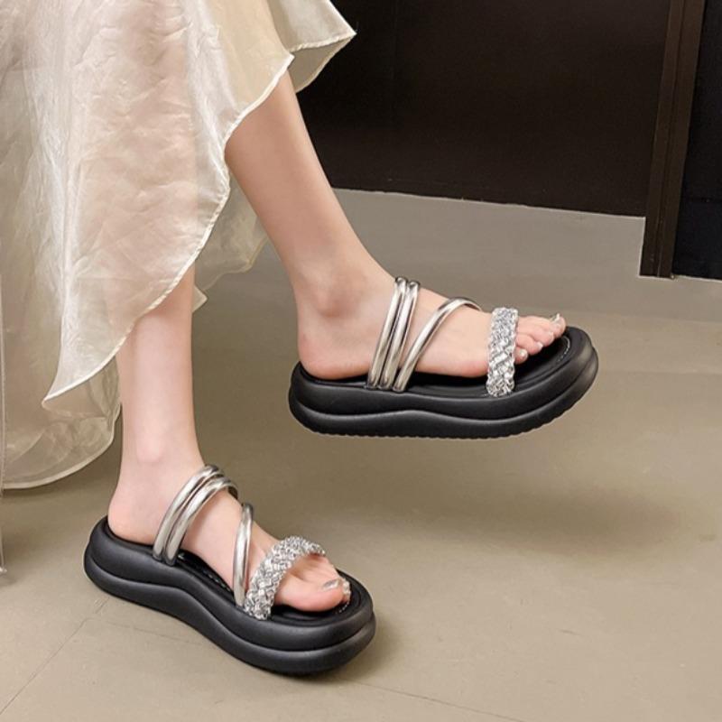 Fashion Platform Two-wear Sandals and Slippers for Women 2025 Summer New Wear Rhinestone with Skirt Flip-flops Casual Beach Sandals