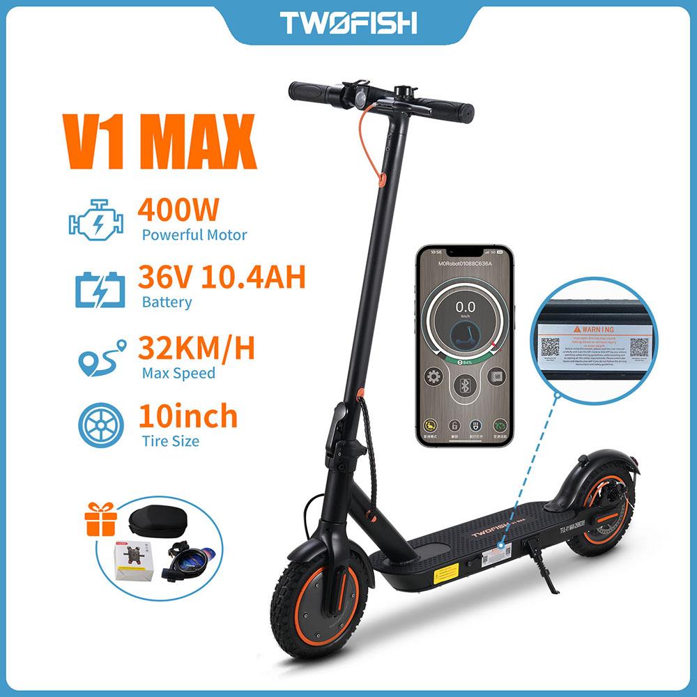 TWOFISH V1 MAX Electric Scooter, 400W Motor, 36V 10.4Ah Battery, 10 Inch Tires, 32km/h Max Speed, 25km Range