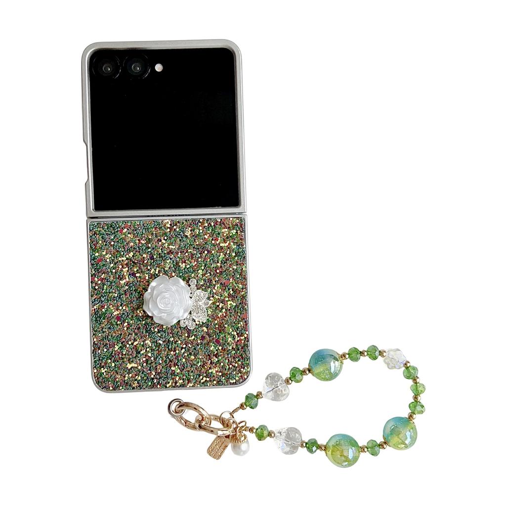 Phantom Glitter White Rose Mobile Phone Case for Samsung Z FLIP7/6/5/4 Portable Bead Chain 3rd Generation Folding Case