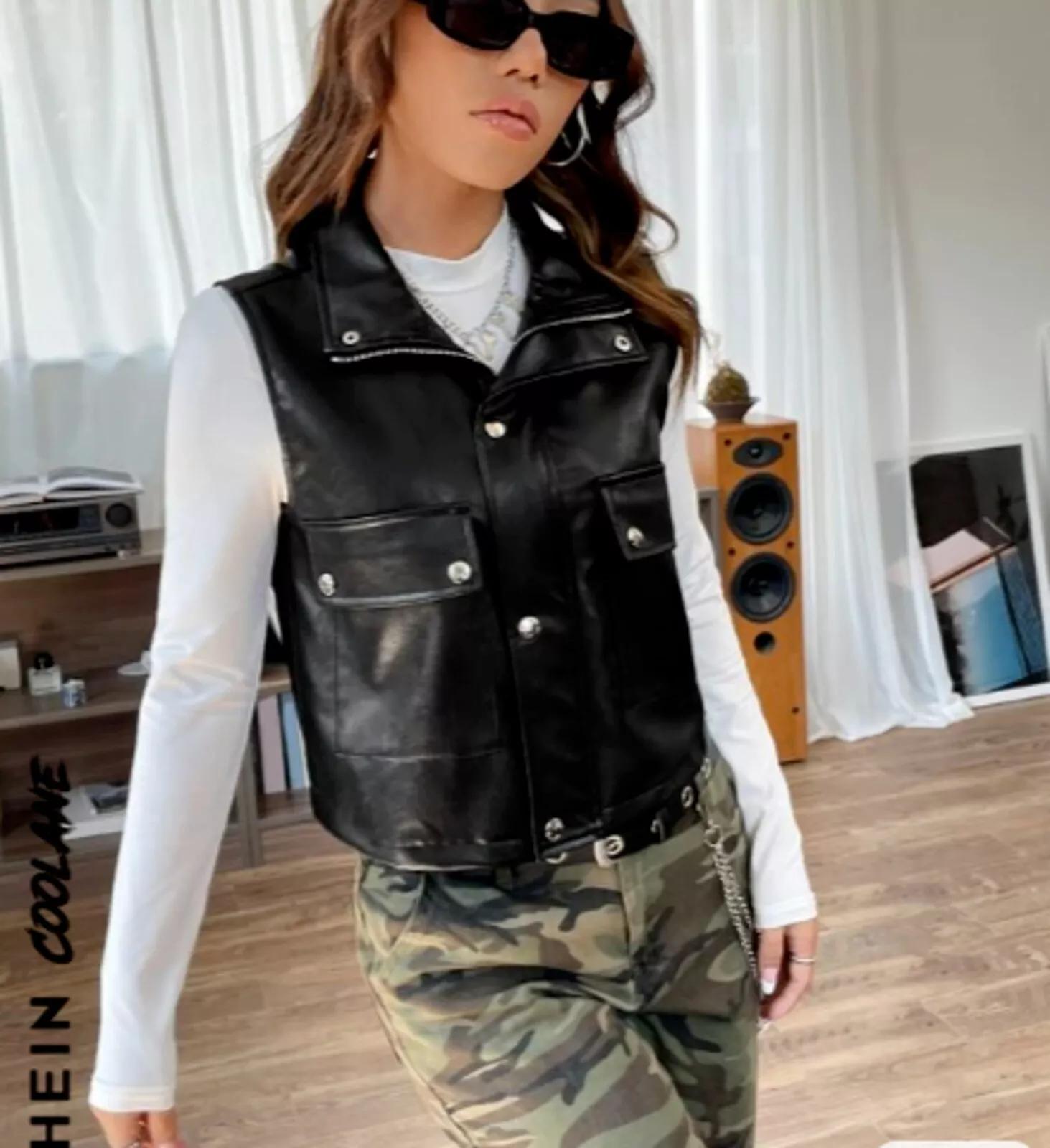 

AL KHALID Женский жилет-пальто Черный байкерский кожаный жилет из овчины Модный стильный вестерн 3XL чёрный