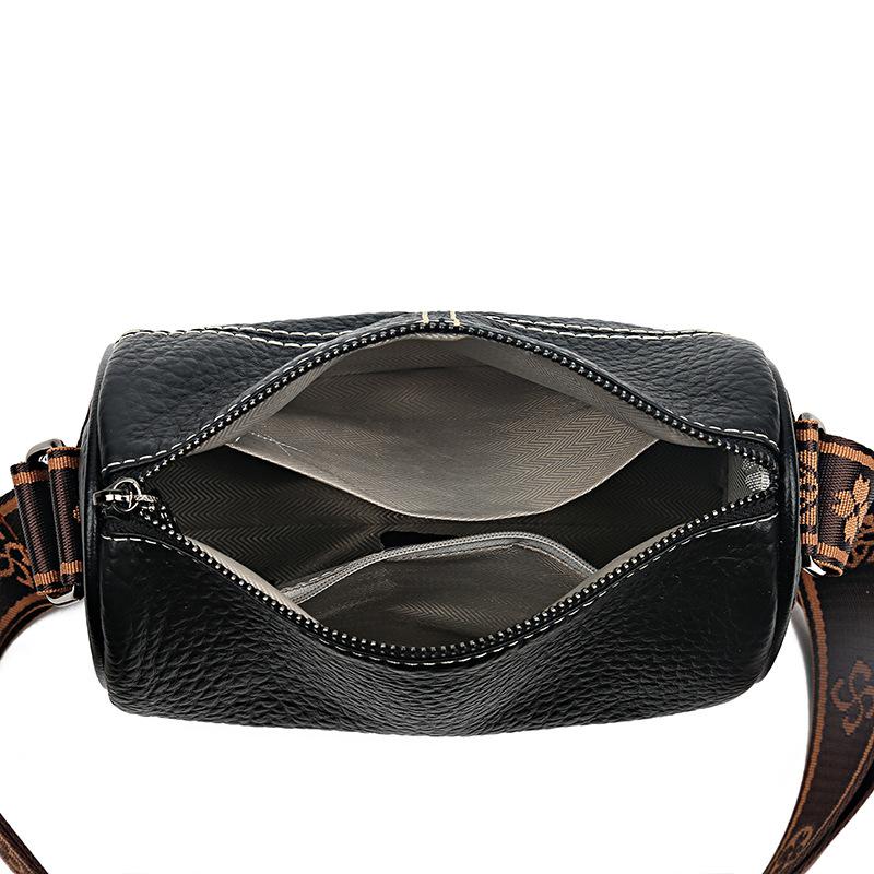 Dámská taška přes rameno z vrchní vrstvy hovězí kůže, ležérní kožená crossbody taška s prošíváním, široký ramenní popruh, válcová taška s vyšívanou nití