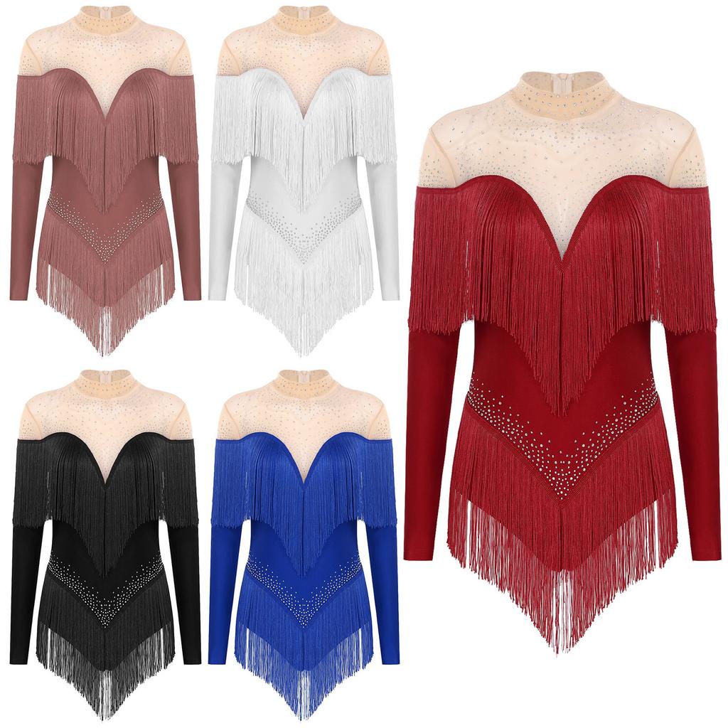 Womens Tassel Latin Dance Costume Mock Neck Long Sleeve Sheer Mesh Rhinestone Bodysuit