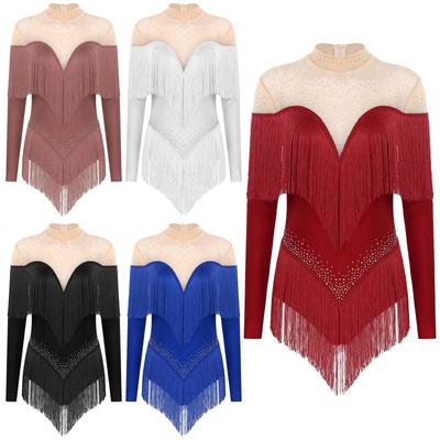 Női latin tánc leotard állógallérral, hosszú ujjú dizájnnal, áttetsző hálós patchworkkel, fényes strasszkövekkel, előadói body
