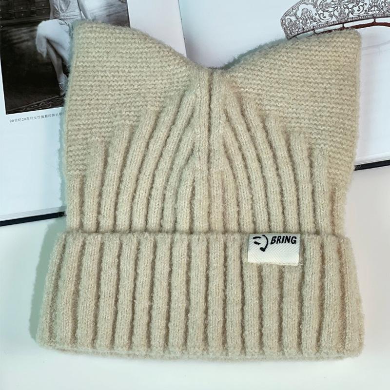 Cute Cat Ear Hat Women's Autumn and Winter Youth Warm Ear Protection Knitted Wool Hat Casual Versatile Crimped Headgear