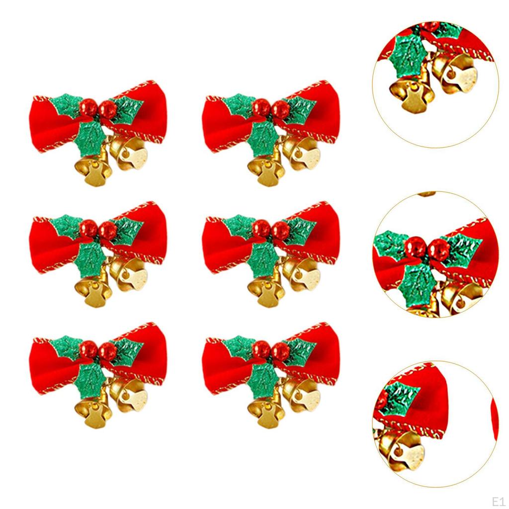 6 Pieces Christmas Bow with Bells Garland Ornament Gift Holiday Decorative Bows for