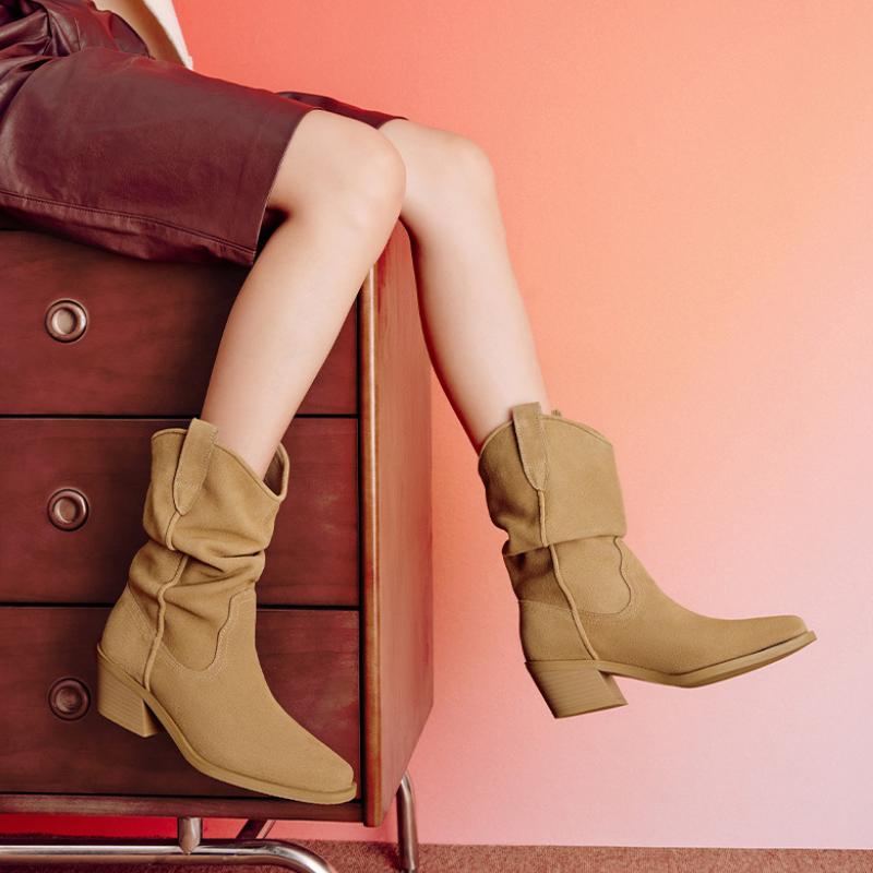

Большого размера, на толстом каблуке, ботинки до середины голени, новинка осени 2024 года, европейские и американские ковбойские рыцарские ботинки, повседневная женская обувь с острым носком 35 хаки
