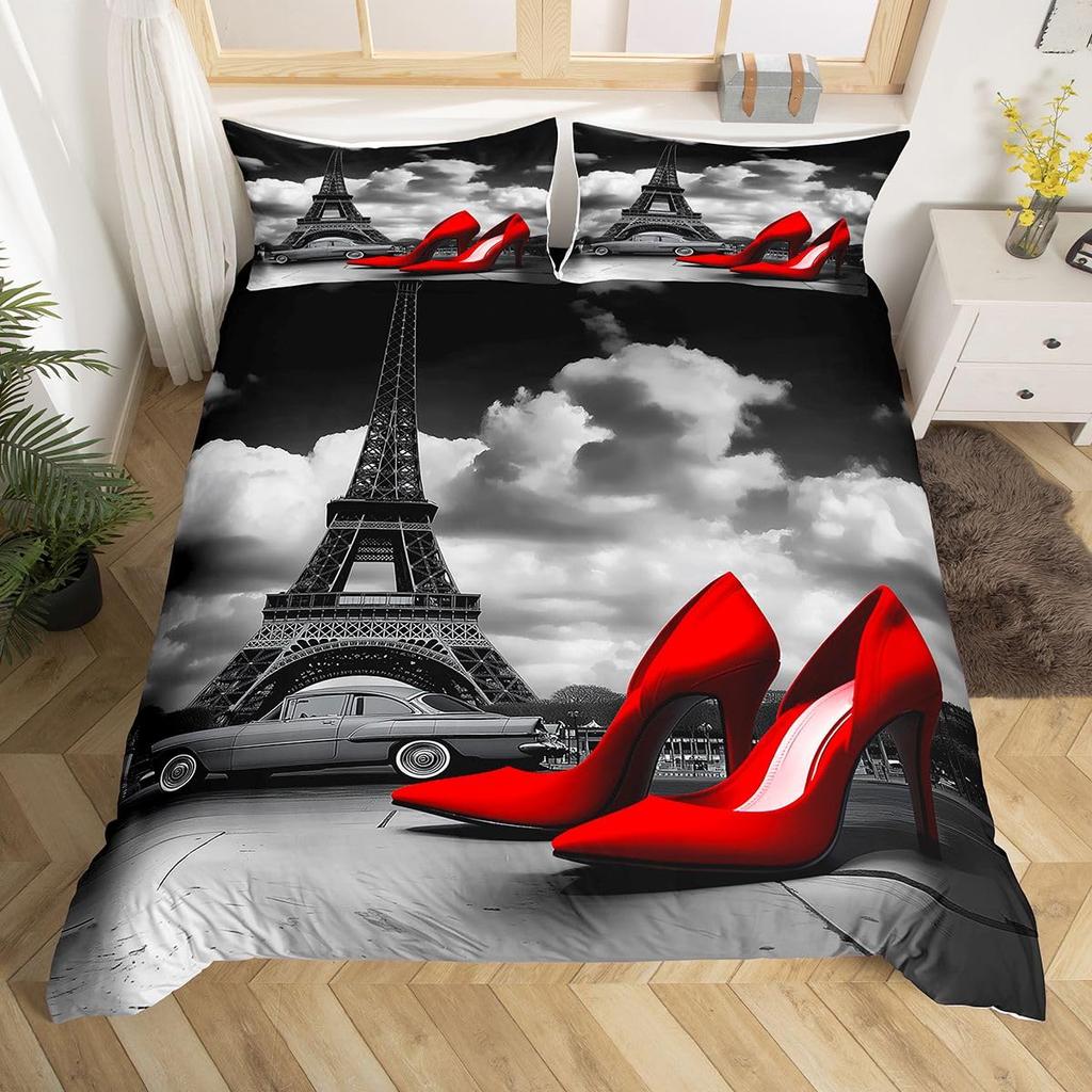 Comforter Romantic Eiffel Tower Microfiber Floral Bedding Set Paris Cityscape Twin Comforter For Girls Teen Adult Room