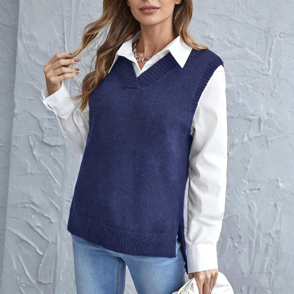 Women's Color Knitted Fashion Vest Casual V-neck Base Sweater