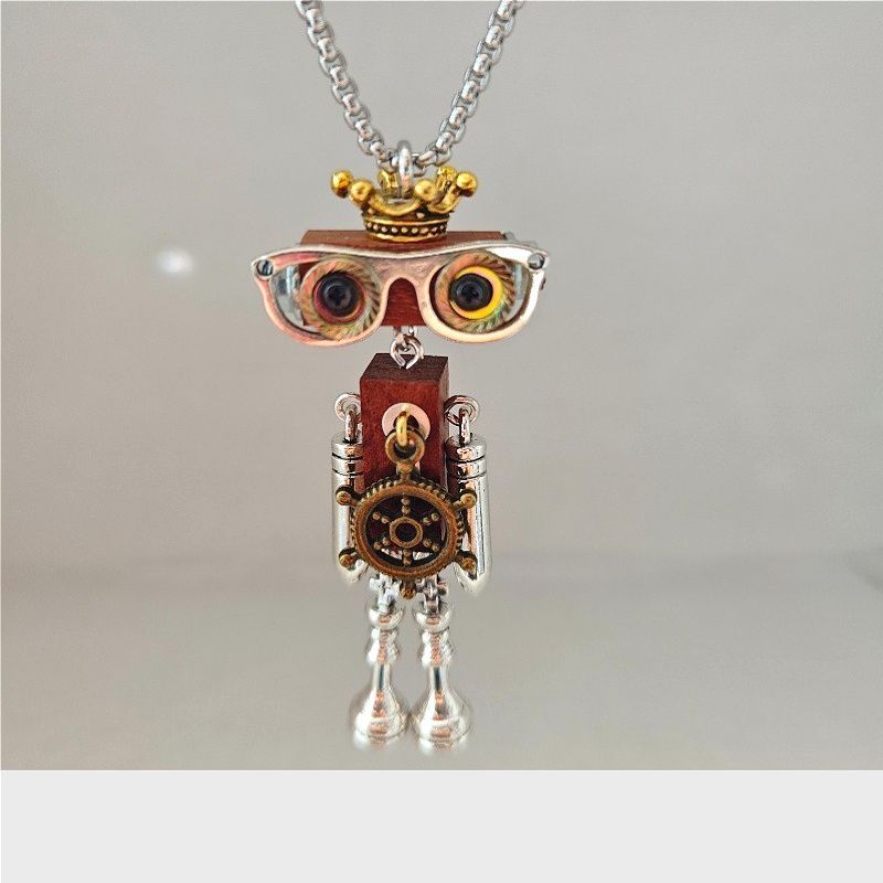 Handmade creative steampunk robot wooden finished necklace DIY keychain trendy play pendant clothing chain pendant