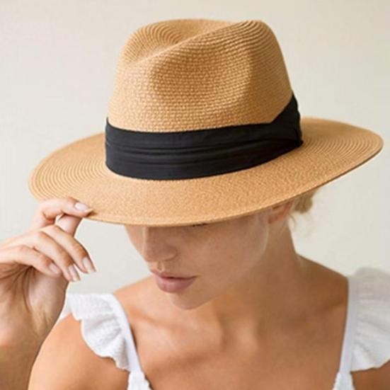 Panama Hat Women Men Wide Brim Straw Beach Hat Ribbon Decor Breathable Elastic Fit Summer Sun Hat Vacation Accessory