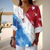 Women's Fashion Casual Button V-Neck Cotton And Linen Independence Day Printed Seven Sleeve T-Shirt Top