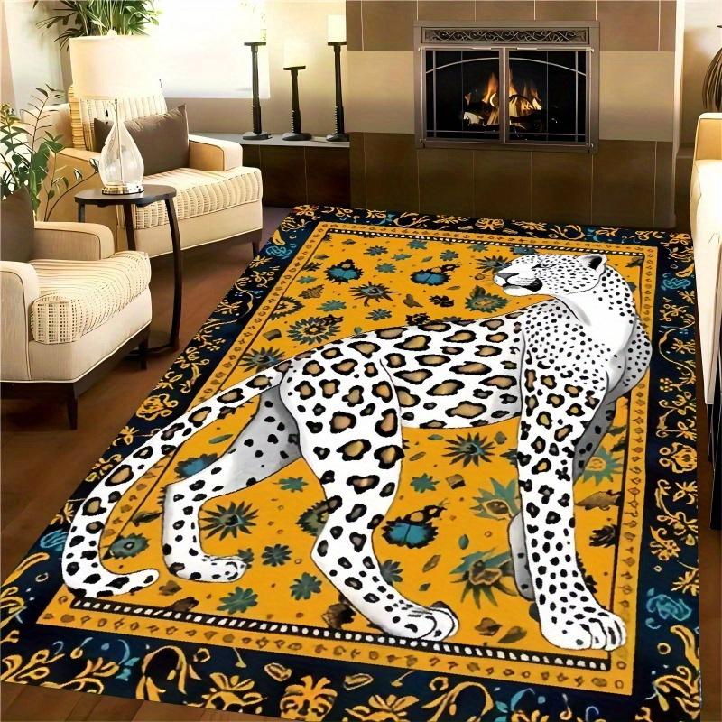 Chic White Leopard & Yellow Base Area Mat - Non-Slip, Stain &, Perfect for Living Room, Bedroom, Office Decor