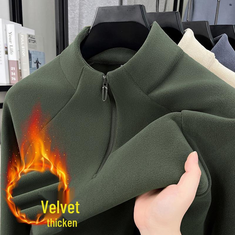 Men's Plush Lined Half-Zip Stand Collar Sweatshirt - Warm Outdoor Base Layer for Autumn & Winter