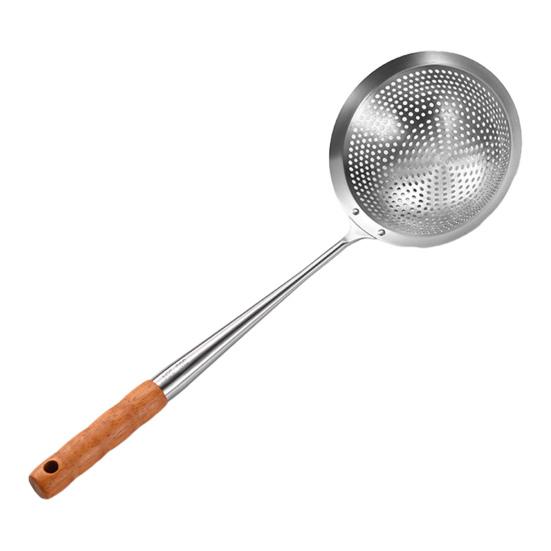 Stainless Steel Large Skimmer with Slotted Spoon for Wooden Handle Heavy-Duty Frying Dumplings Noodles Rust-Proof Dishwasher