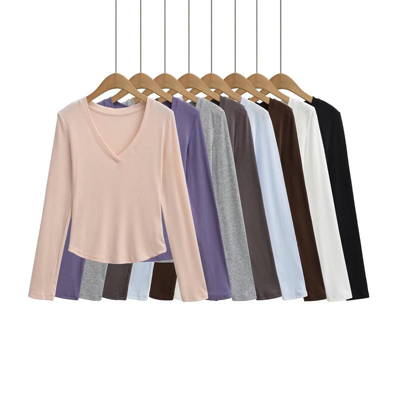 Korean V-Neck Long-Sleeve Slim Fit Sheer T-Shirt for Women - Autumn Essential