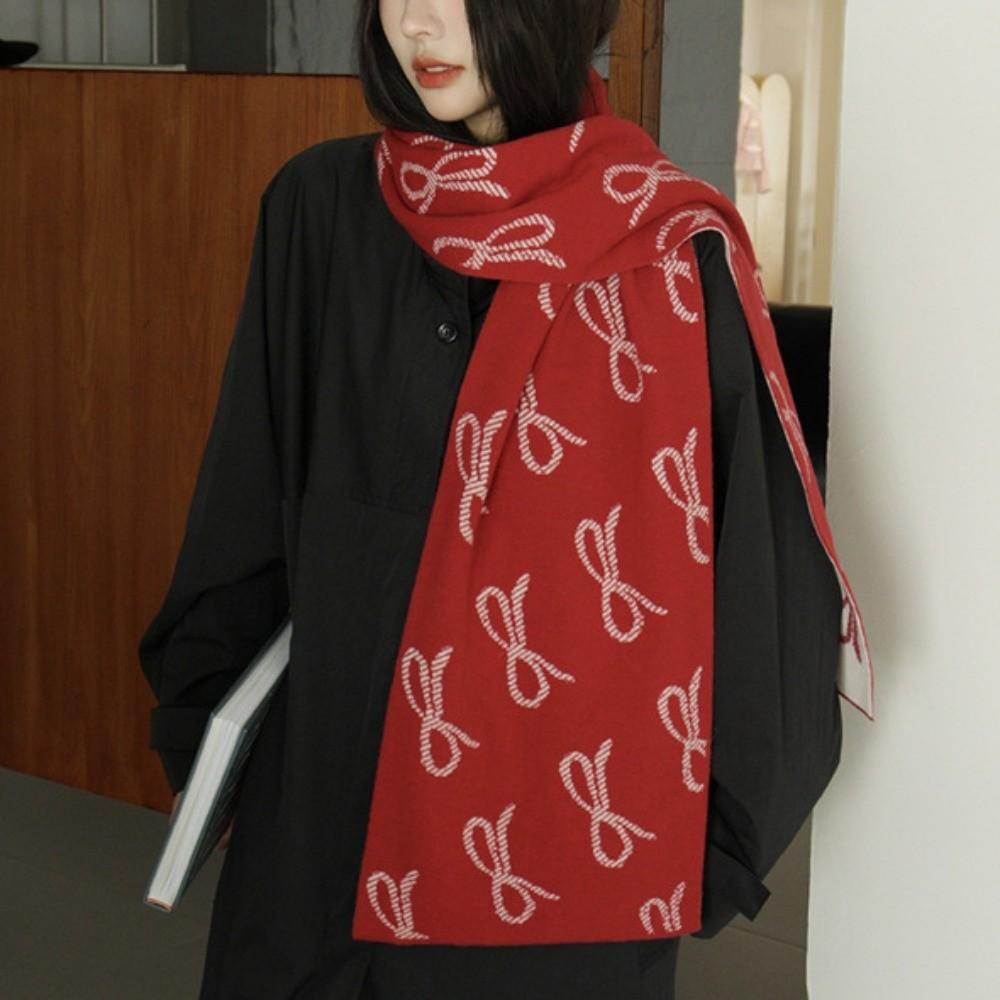 Lightweight Imitation Wool Scarf Two-sided Winter Shawl Trendy Bow Scarf Gift