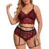 Plus Size Lace Embroidered Lingerie Set Three Piece Two Piece Split Design Adjustable Straps Garters Soft Fabric Comfortable Fit