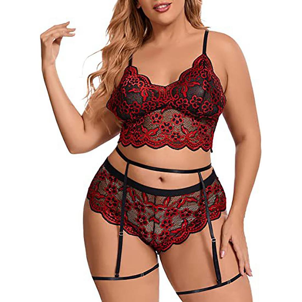 Plus Size Lace Embroidered Lingerie Set Three Piece Two Piece Split Design Adjustable Straps Garters Soft Fabric Comfortable Fit
