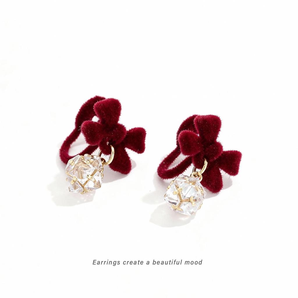 New Year Red Bow Rhinestone Ear Cuff: No-Piercing Chinese-Style Flocking Earring
