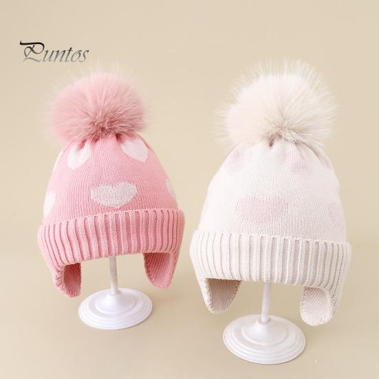 Elastic Ear Protection Cap Kids Winter Knit Hat, Warm Soft Cute Pompom Cozy Gift for Children Heart Pattern, Earflap Hat Boys Girls Toddlers Pom