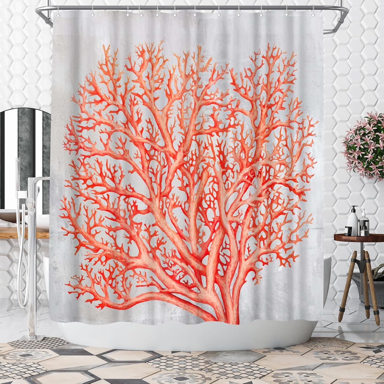 

Nautical Shower Curtain Coastal Coral Bathroom Decoration Polyester Fabric Shower Curtain Orange and Grey 180x180cm W90xH180cm