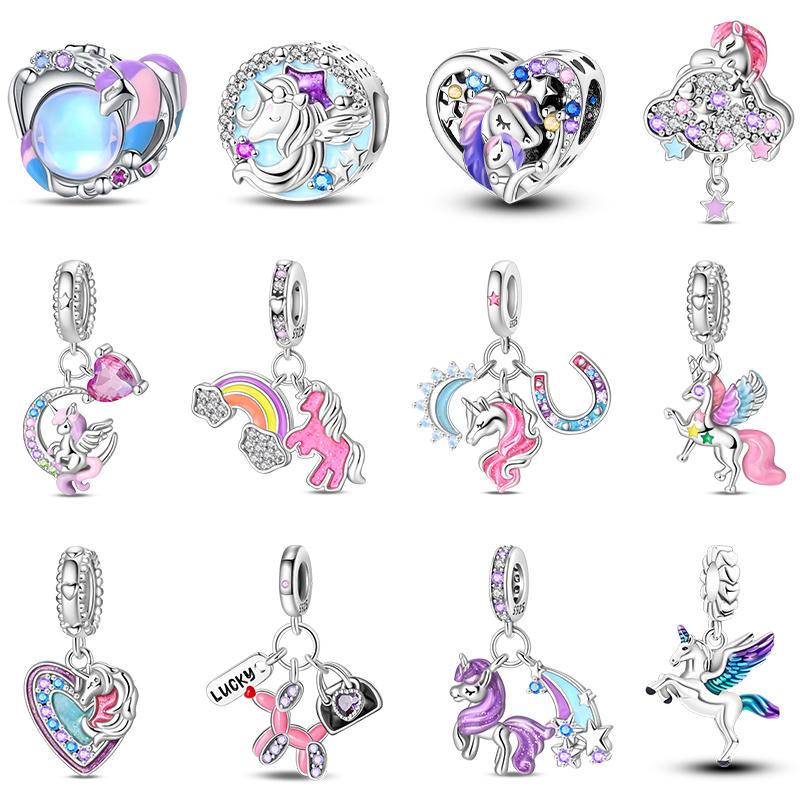 Copper Lucky Rainbow Colt Pendant Moon Charms Beads Fit Pandach Authentic Bracelets Do-It-Yourself Jewelry Birthday Present