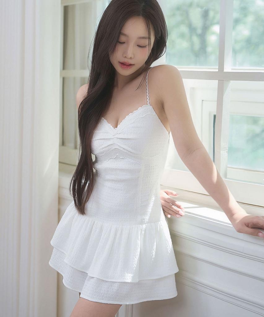 Limekeu Shirred Lace Strap Camisole Dress White