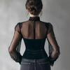 Women's Corset Mesh Top Sweetheart Neck Sheer Long Sleeve Lace Look Slim Going Out Blouse