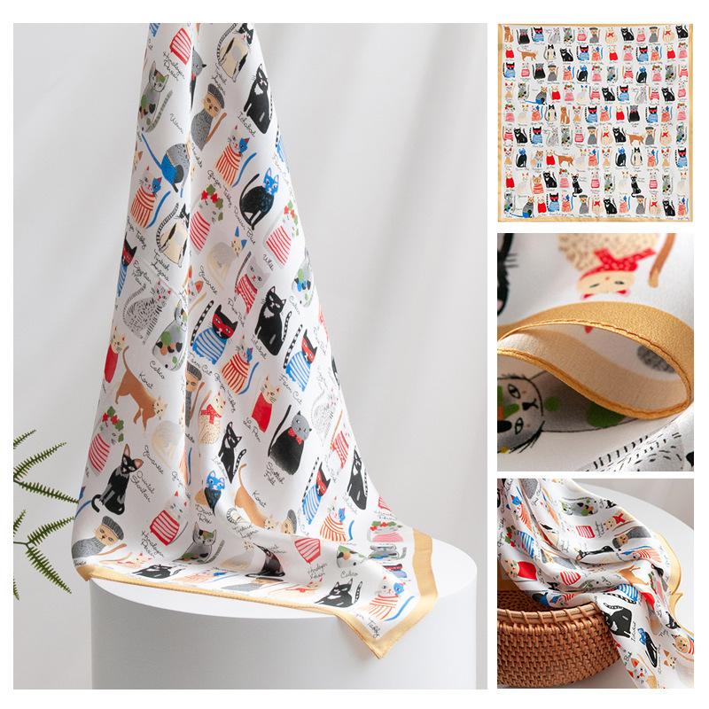 Spring 2026 New Mulberry Silk Silk Scarf Silk High-end Cartoon Cat Style Printed Neck Small Square Scarf