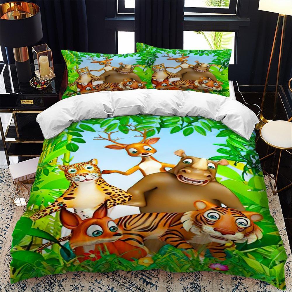 Zoo Duvet Cover Set King Queen Size Animal In The Forest Cartoon Illustration Lion Panda For Kids Girl Boy Polyester Bedding Set