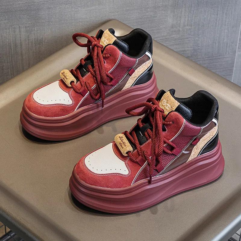 7CM Genuine Leather Platform Wedge Fashion Women Spring Comfy New Autumn Winter Chunky Sneakers Vulcanize Shoes Skateboard Shoes