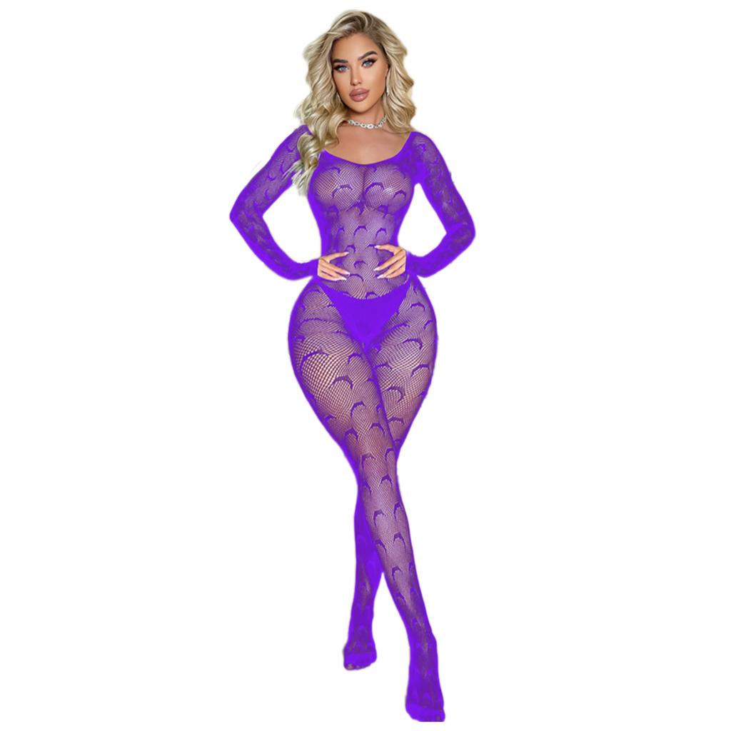 Fishnet Lingerie Bodysuit for Women Long Sleeve Low Neck Moon Pattern Bodystocking Jumpsuit Nightwear Intimate Outfit