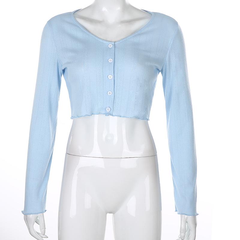 

Новые женские однотонные кардиганы с заниженными плечами и v-образным вырезом, однобортные пальто с длинными рукавами, женский укороченный топ, повседневные модные топы высокой уличной моды S небесно-голубой