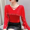 New Winter Mesh Heavy Industry Feels Ruffled Diamond Versatile Long-sleeved Women's T-shirt Base Shirt Top
