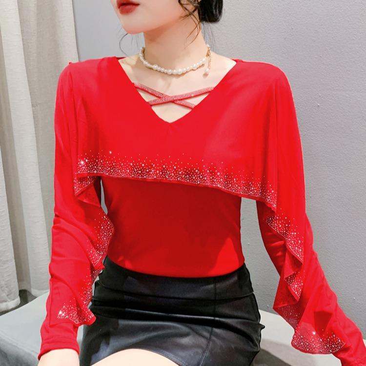 New Winter Mesh Heavy Industry Feels Ruffled Diamond Versatile Long-sleeved Women's T-shirt Base Shirt Top