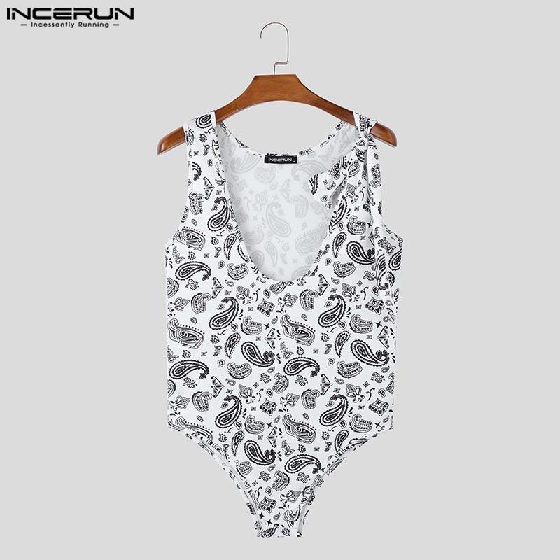 

INCERUN Men Deep U Neck Sleeveless Floral Print Bodysuist Leotard Jumpsuits S чорний