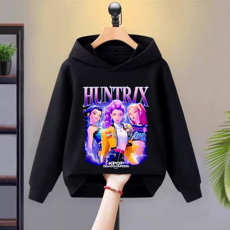 

KPop Demon Hunters Sweatshirt Hooded Children Spring Autumn Clothes Rumi Mira Zoey Cartoon Anime Thin Fleece Kids Long Sleeves 160CM