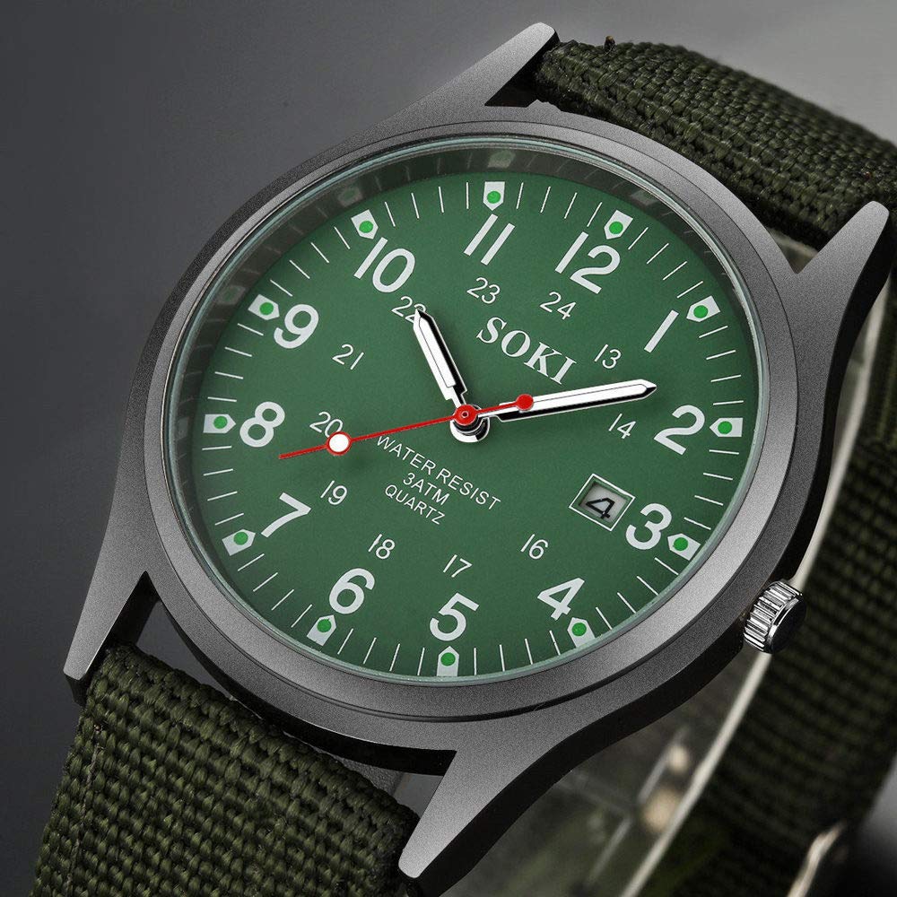 Waterproof Watch with Luminous Analog Simple and Stylish Sports Quartz Green Nylon Fashion Accessory Perfect Gift for Day Men's Antique-Style