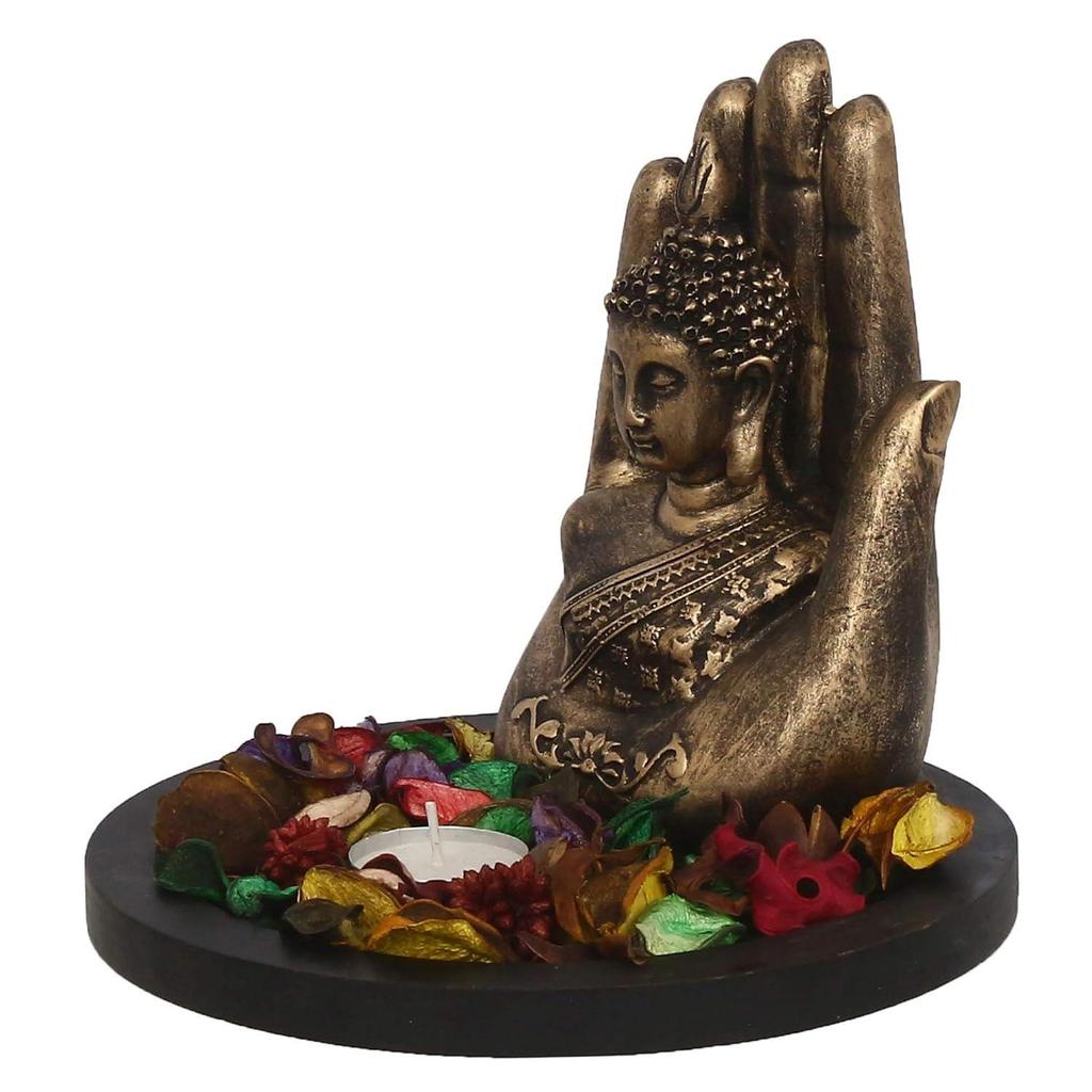 Copper Finish Handcrafted Palm Buddha Decorative Showpiece with Wooden Base, Fragranced Petals and Tealight