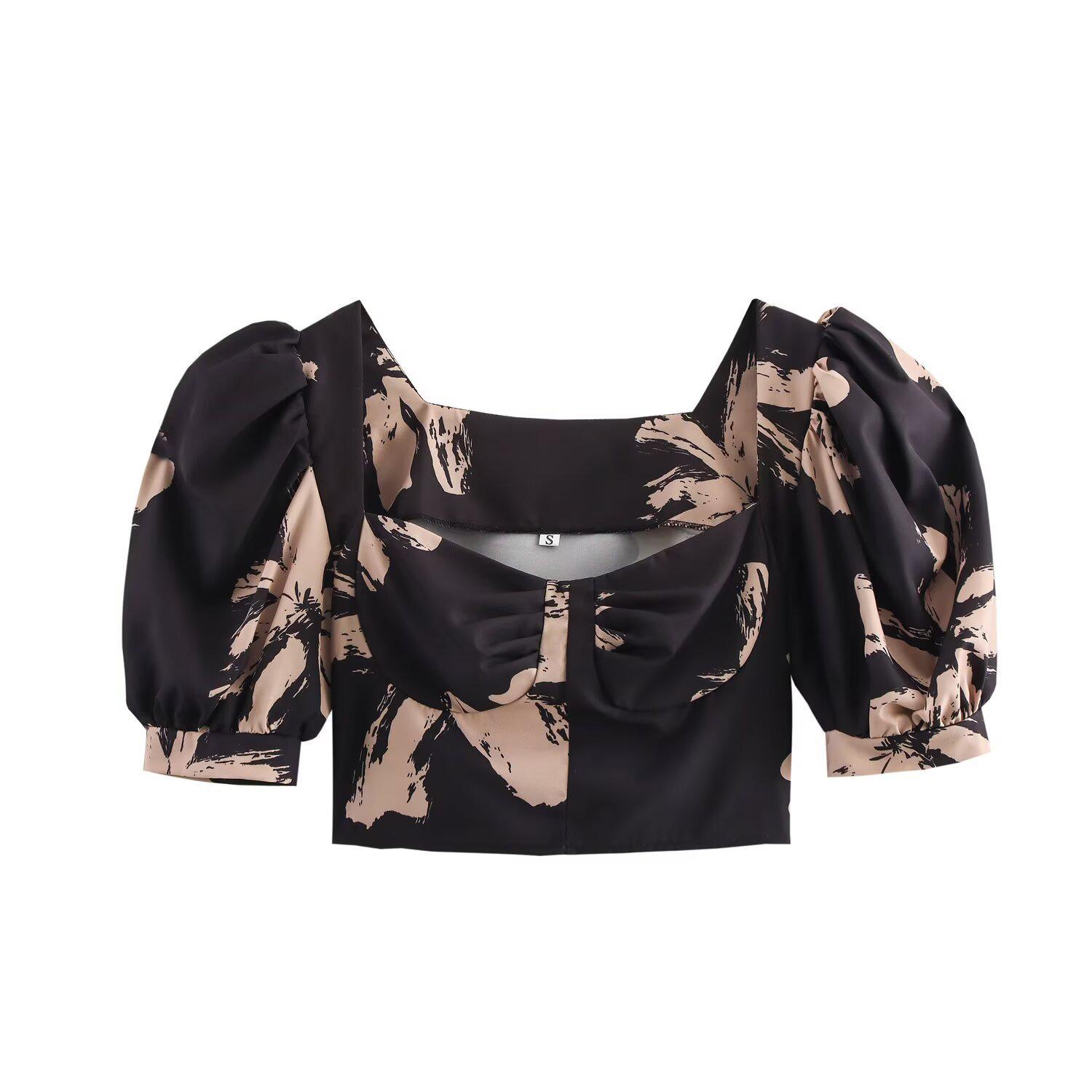 

Весна 2025 Женский Европейский и Американский Модный Топ с Квадратным Вырезом, Рукавами-Буфами и Принтом XS