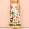 Women's Bohemian Spaghetti Strap Graffiti Print Maxi Dress, Vintage Cotton Linen Beach Swing Dress Sexy Sling Big Swing Dress