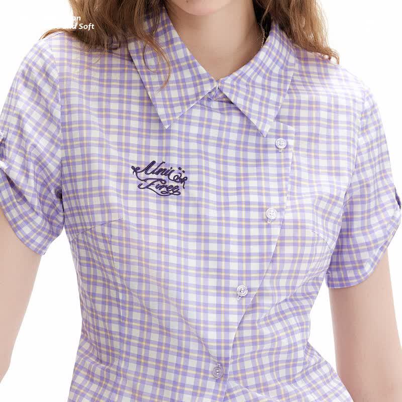 UNIFREE Women's Embroidered Plaid Short Sleeve Shirt