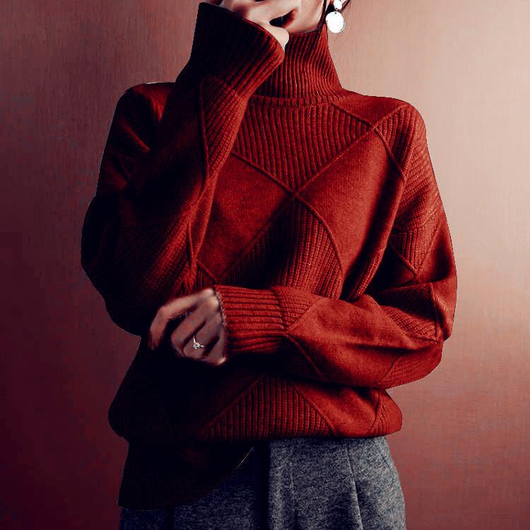 Damenmode, lässig, Herbst/Winter, einfarbig, mit Druck, langen Ärmeln, hohem Halsausschnitt