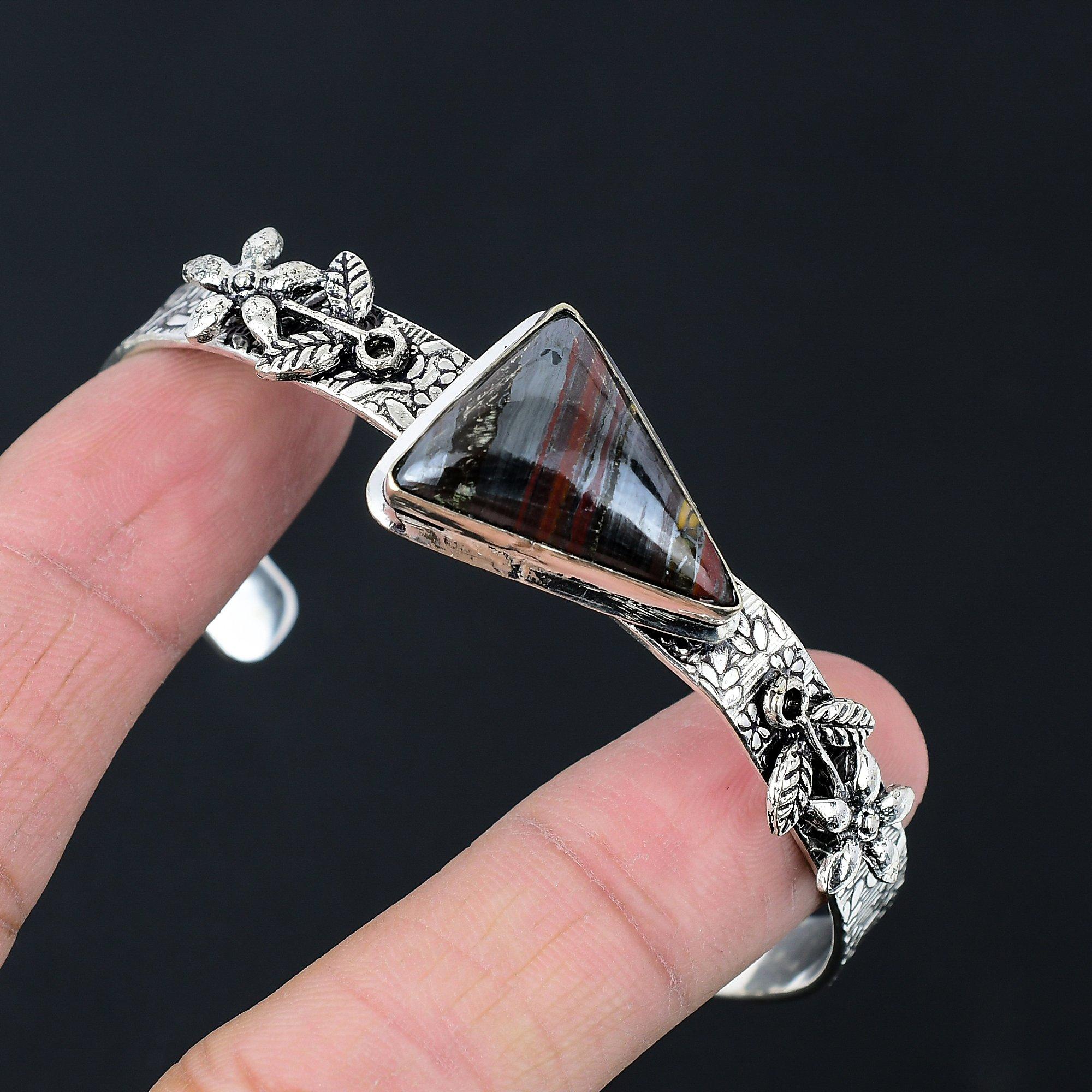 

925 Sterling Silver Natural Iron Tiger Eye Wedding Mother Flower Bangle Jewelry Adjustable