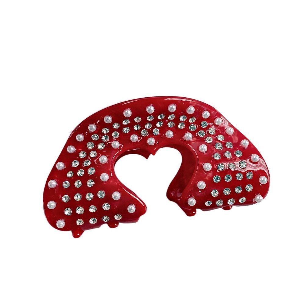 Acetic Acid Vermilion Lips Hair Claw Vintage Rhinestone Shark Clip Hollow Heart Hair Clip  Women