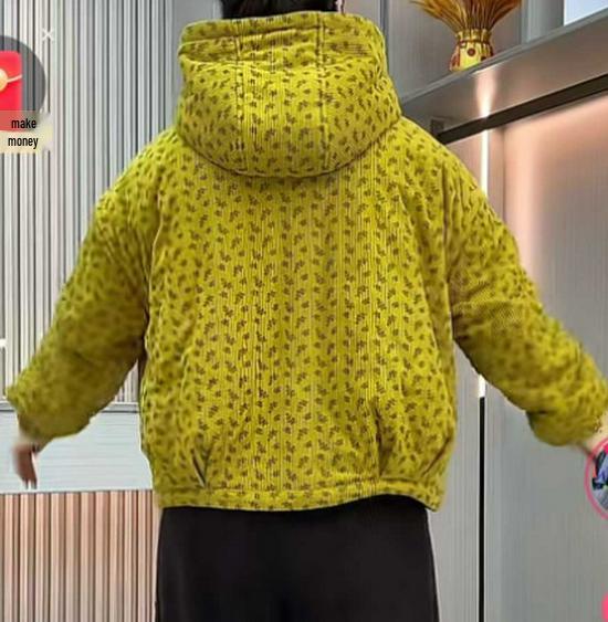 Stylish Floral Print Corduroy Hooded Coat with Velvet Lining and Large Pockets for Middle-Aged and Elderly Women