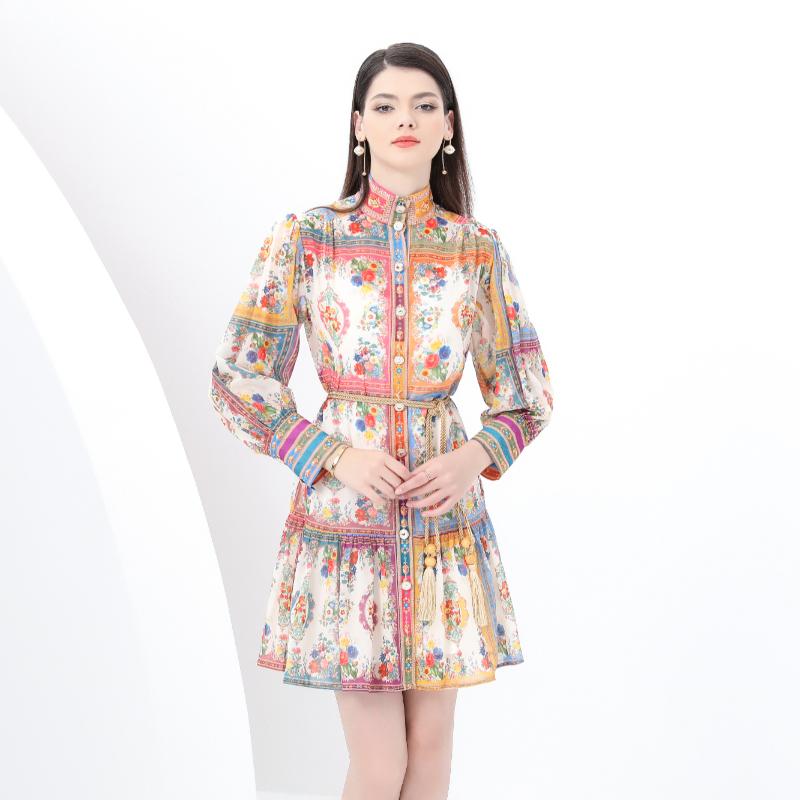Spring Summer Women Stand Collar Single Breasted Retro Print Oversize Plus Size Party Dresses with Belt
