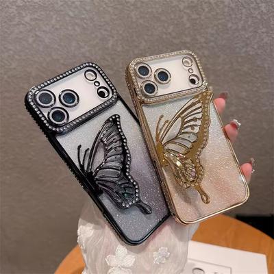 Luxus Glitzerndes Rosa Strass Drei-Dimensionaler Schmetterling Halter Handyhülle, Für IPhone 17 Air 16 15 14 13 12 11 Pro Max Plus Schutzhülle Weich